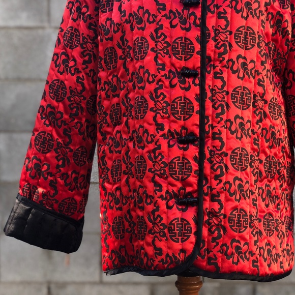 Vintage Womens Red Black Quilted Asian Jacket